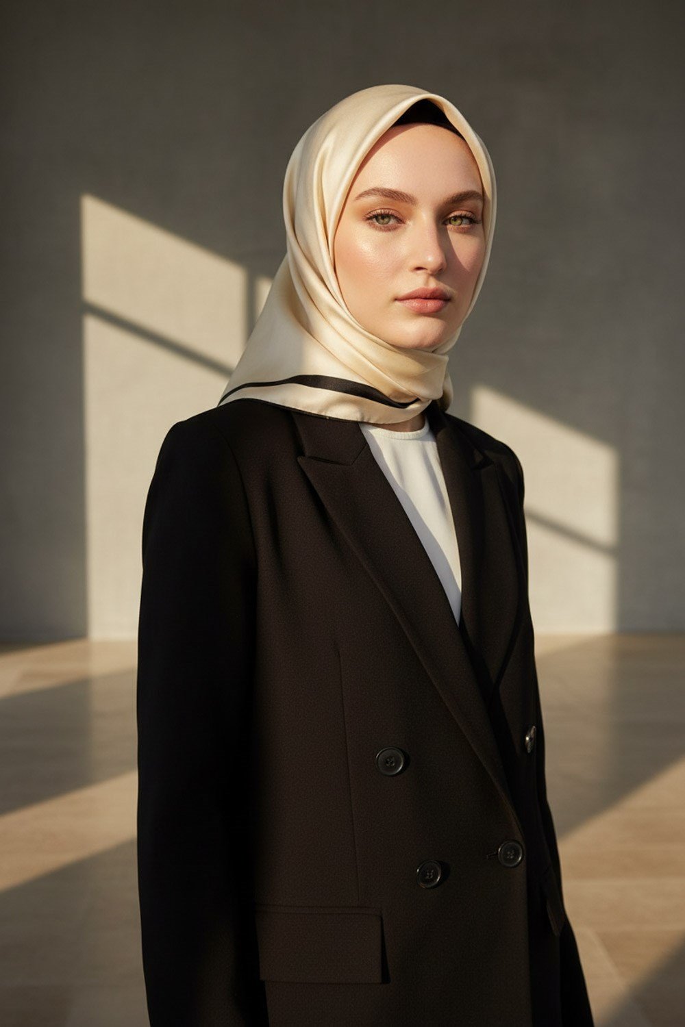 100% Twill İpek Düz Renk Bordür Desenli Krem - Siyah Renkli Daha Tok Exclusive Serisi 90x90 Dikim Şekli : El Dikişi Eşarp