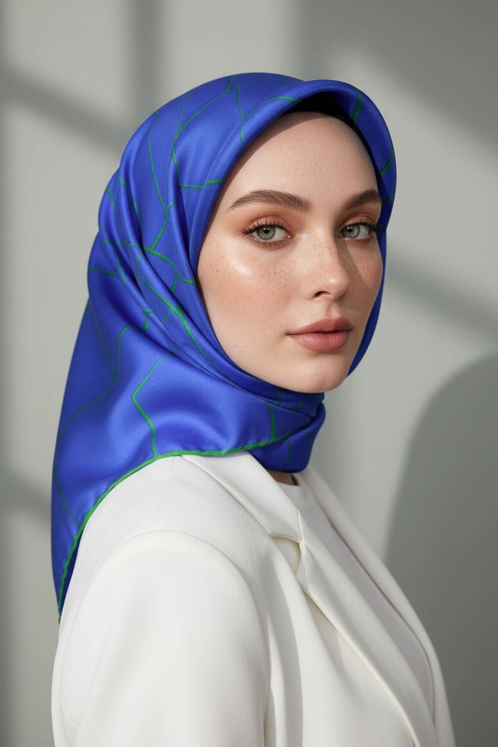 %100 Twill İpek Çizgi Desenli Saks - Zümrüt Yeşili Renkli 90x90 Eşarp Dikim Şekli : El Dikişi