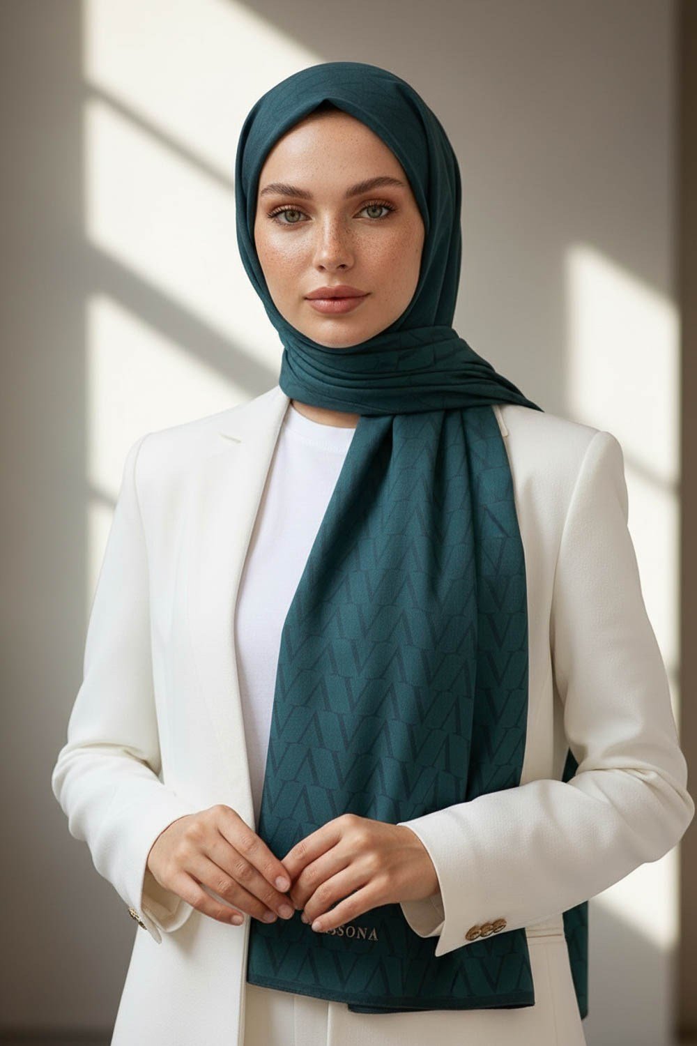 KREP DEGRADELİ MONOGRAM DESENLİ PETROL MAVİSİ RENKLİ 75X195 KIRIŞMAZ ŞAL