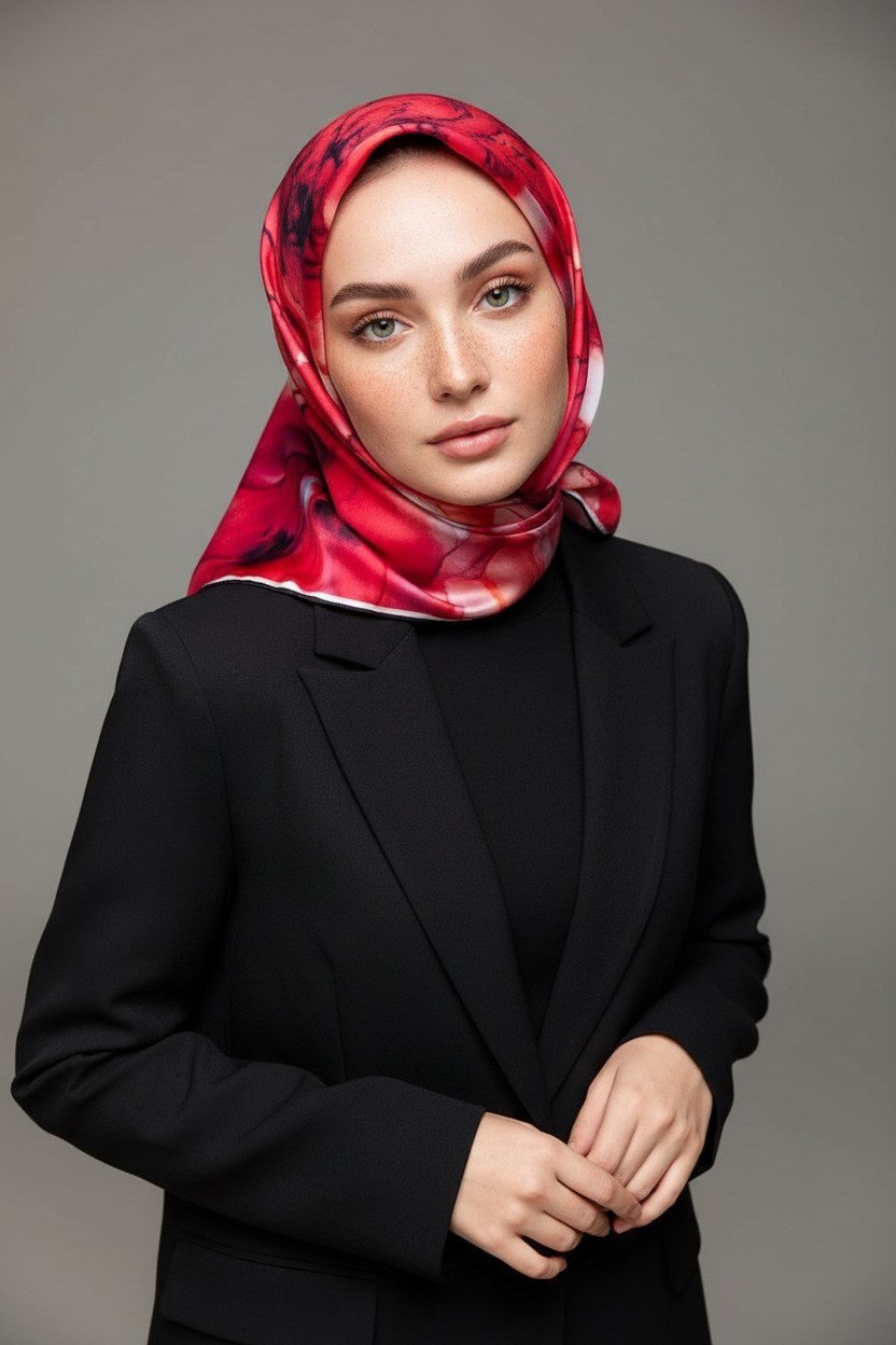 %100 Twill İpek Batik Çiçek Desenli Kırmızı - Lacivert Renkli 90x90 Eşarp Kenar Dikiş Şekli El Dikişli