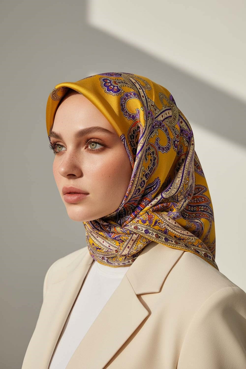 %100 Twill İpek Şal Desenli Gold Renkli 90x90 Eşarp Dikim Şekli : El Dikişi