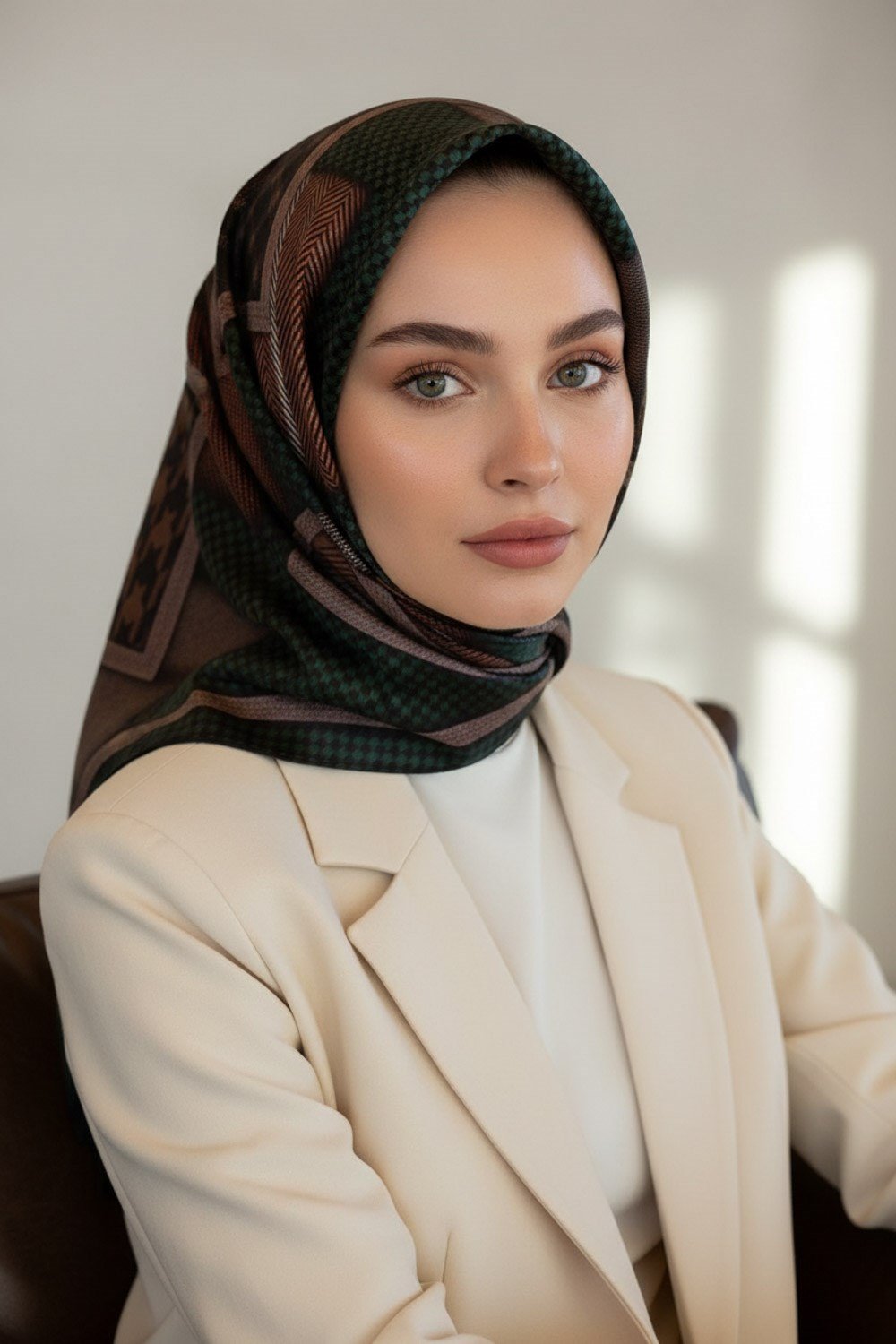 %100 Twill İpek Kazakayaklı Ve Ekose Desenli Zümrüt Yeşili - Siyah Renkli 90x90 Eşarp Dikim Şekli : El Dikişi