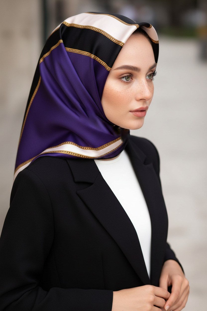 %100 Twill İpek Barok Ve Şerit Desenli Mor - Siyah Renkli 90x90 Eşarp Dikim Şekli : El Dikişi