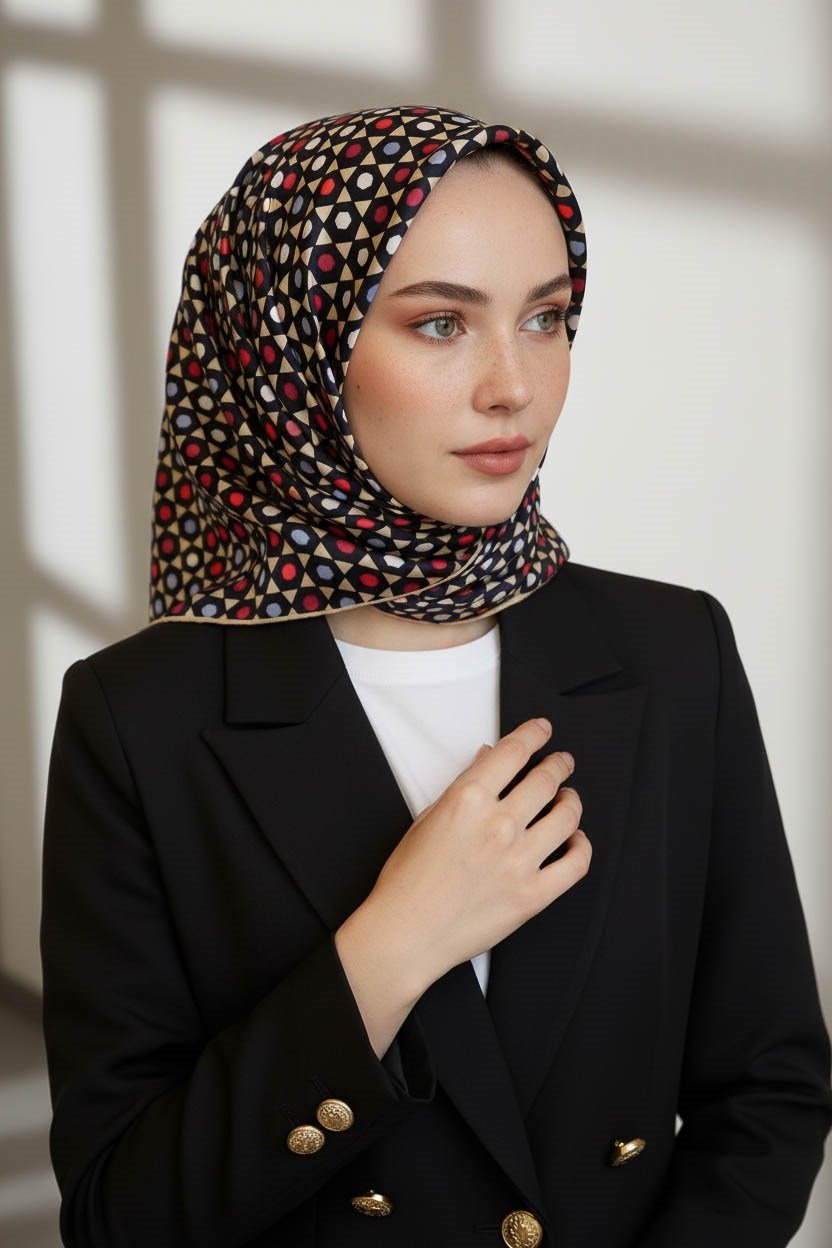 %100 Twill İpek Nokta Desenli Siyah - Bej Renkli 90x90 Eşarp Dikim Şekli : El Dikişi