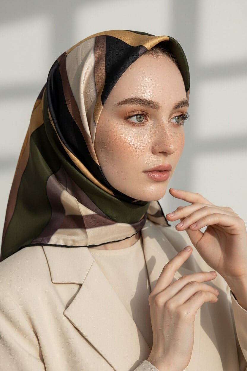 %100 Twill İpek Dokulu Ve Geometrik Desenli Gold - Haki Renkli 90x90 Eşarp Dikim Şekli : El Dikişi