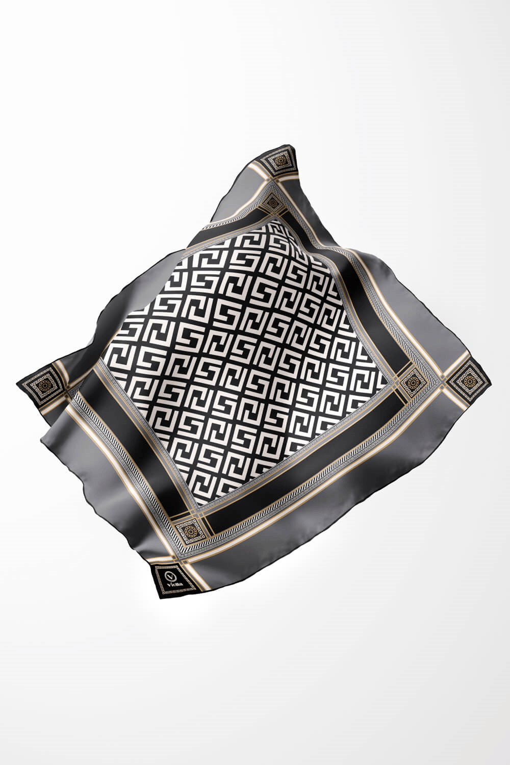 Twill Antik Desenli Gri Renkli 90x90 Eşarp (İpek İçermez) Kenar Dikiş Şekli El Dikişli