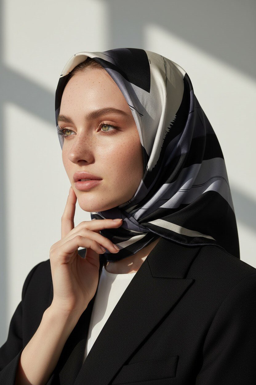 %100 Twill İpek Geometrik Fırça İzi Desenli Siyah - Gri Renkli 90x90 Eşarp Dikim Şekli : El Dikişi