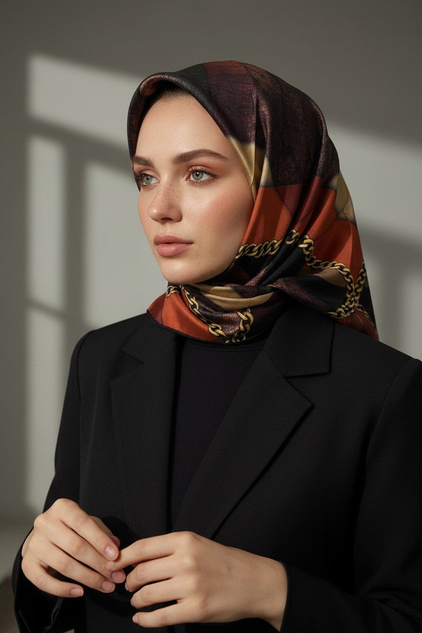 %100 Twill İpek Taş Efekti Desenli Taba - Siyah Renkli 90x90 Eşarp Dikim Şekli : El Dikişi