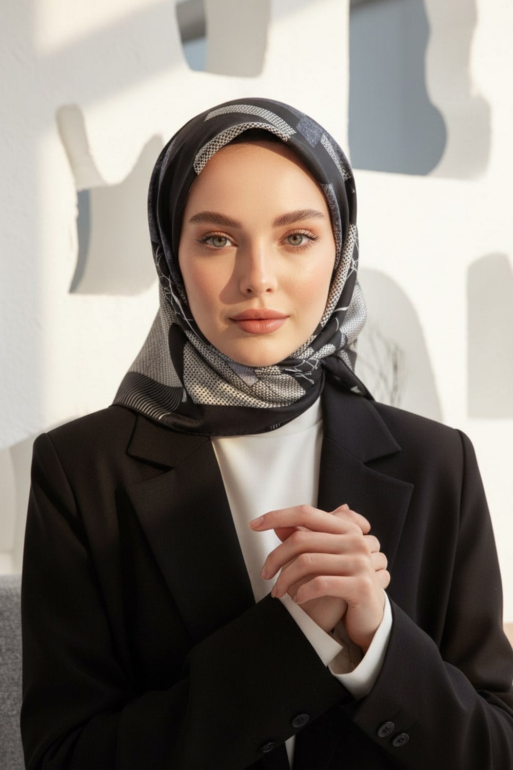 %100 Twill İpek Geometrik Desenli Siyah - Gri Renkli 90x90 Eşarp Dikim Şekli : El Dikişi