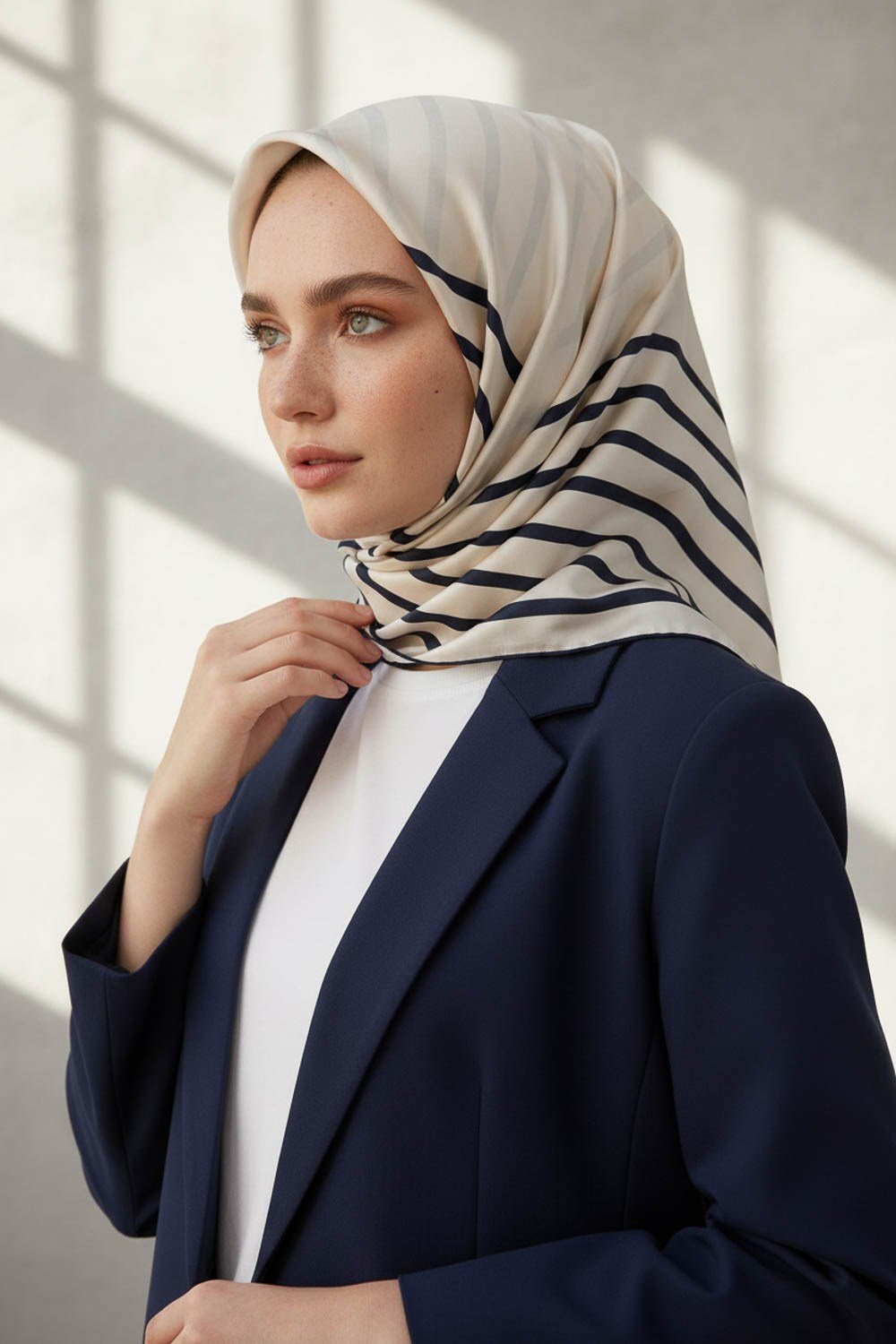 %100 Twill İpek Çizgili Desenli Krem -  Lacivert Renkli 90x90 Eşarp Dikim Şekli : El Dikişi