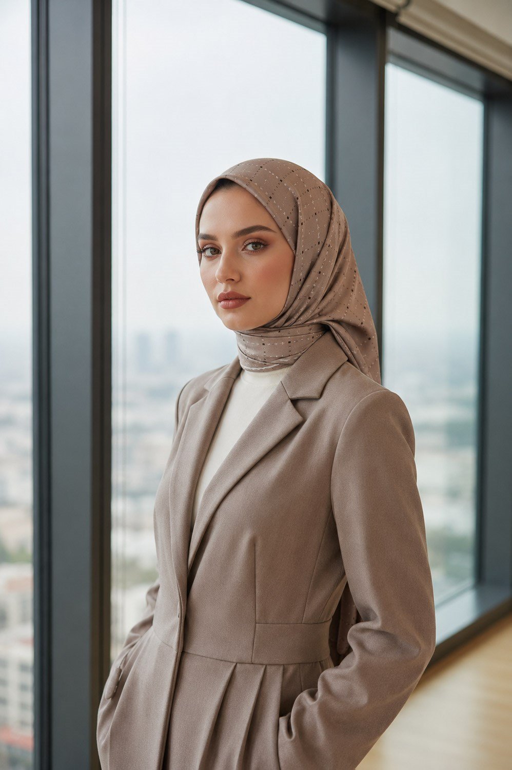 %100 Twill İpek Minik V Desenli Bej Renkli 90x90 Eşarp Dikim Şekli : El Dikişi