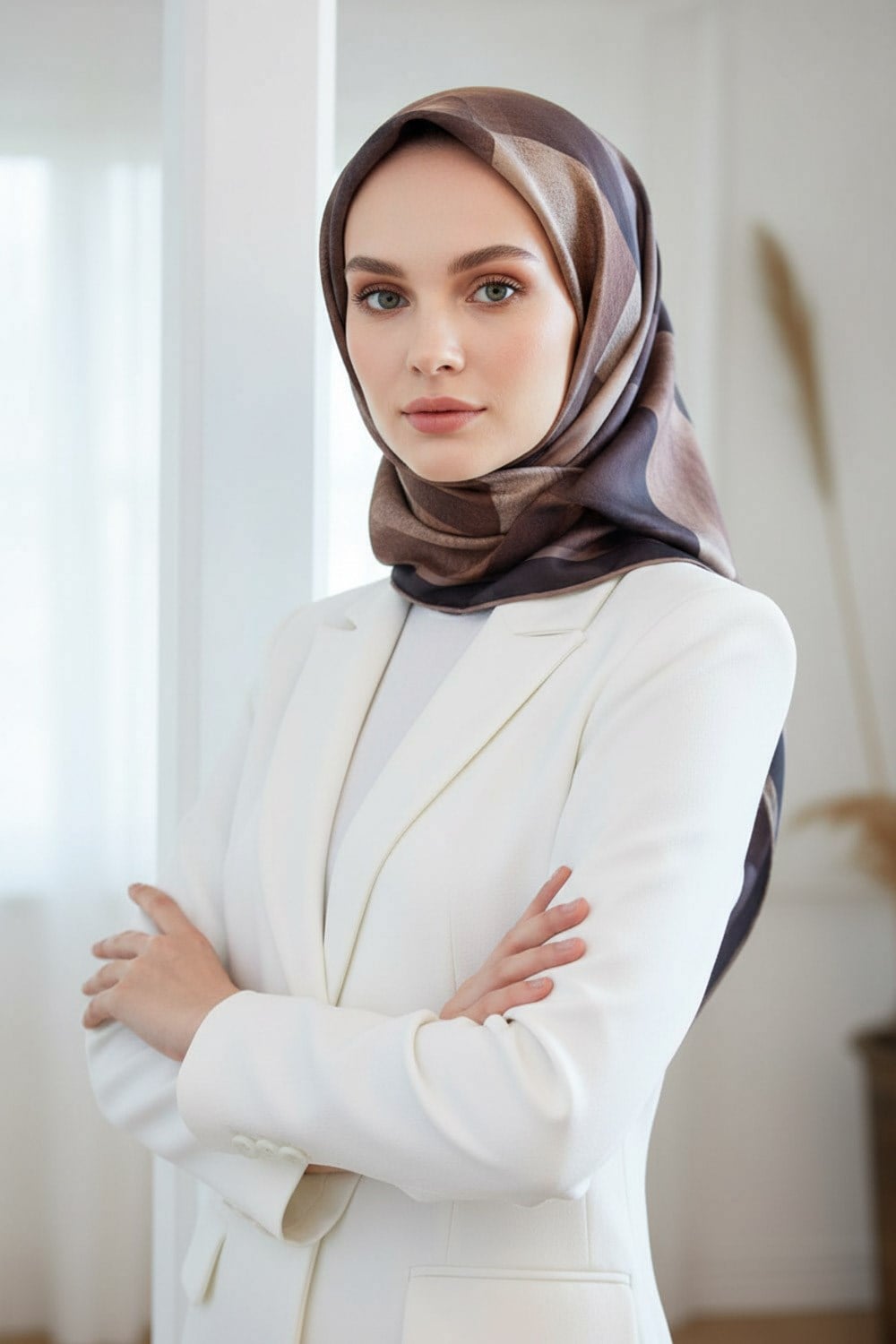 %100 Twill İpek Geometrik Desenli Soğan Kabuğu - Bej Renkli 90x90 Eşarp Dikim Şekli : El Dikişi