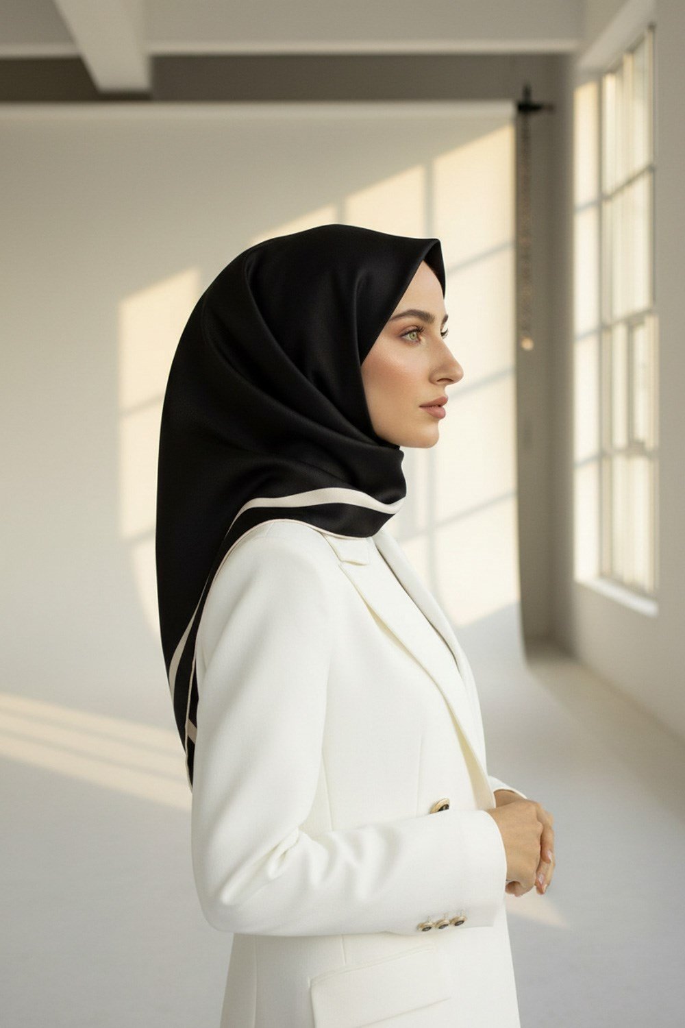100% Twill İpek Düz Renk Bordür Desenli Siyah - Krem Renkli Daha Tok Exclusive Serisi 90x90 Dikim Şekli : El Dikişi Eşarp