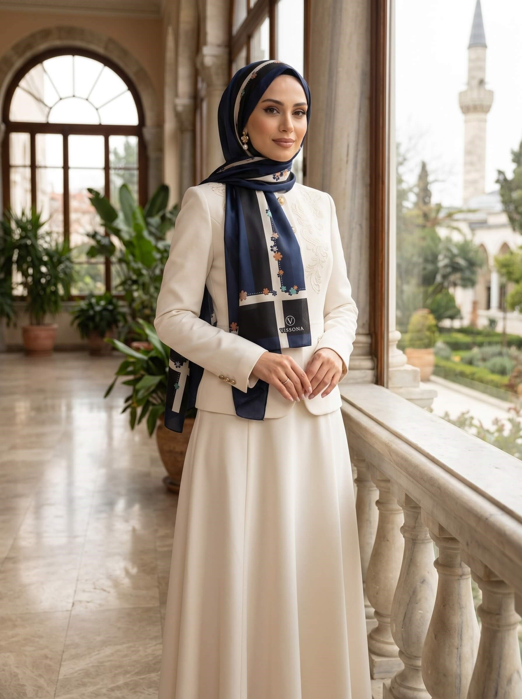 %100 Saf İpek Şal İnce Saten Vual Dokuma Çiçek Desenli Lacivert Renkli 90x210 Şal