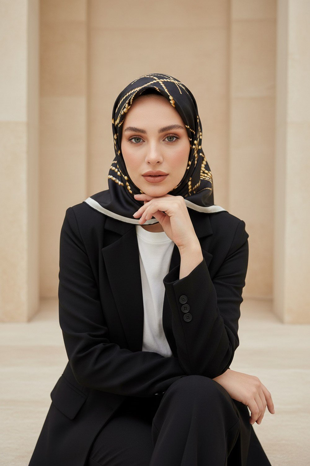 %100 Twill İpek İnci Desenli Siyah Renkli 90x90 Eşarp Kenar Dikiş Şekli : El Dikişli