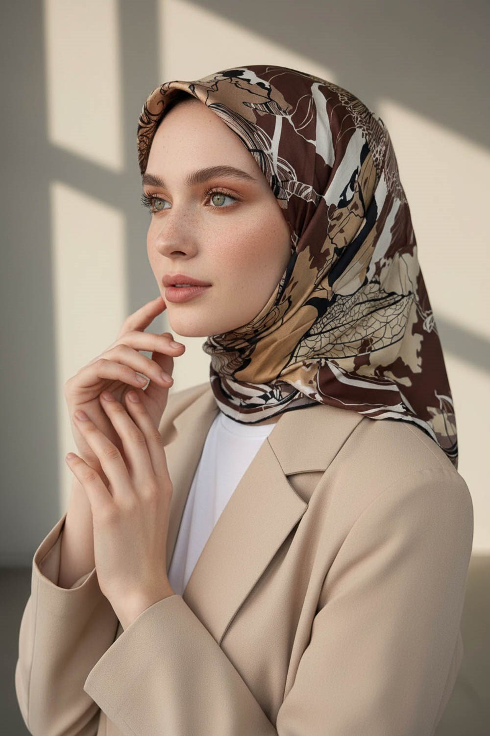 %100 Twill İpek Yaprak Desenli Kahverengi - Bej Renkli 90x90 Eşarp Dikim Şekli : El Dikişi