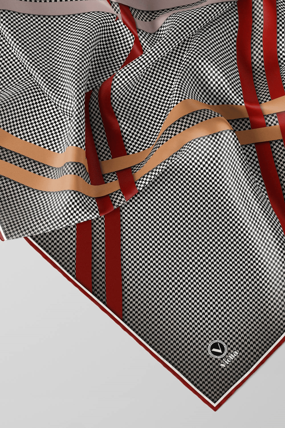 Twill Çizgili Pötikareli Çizgili Desenli Bordo - Bej Renkli 90x90 Eşarp (İpek İçermez)