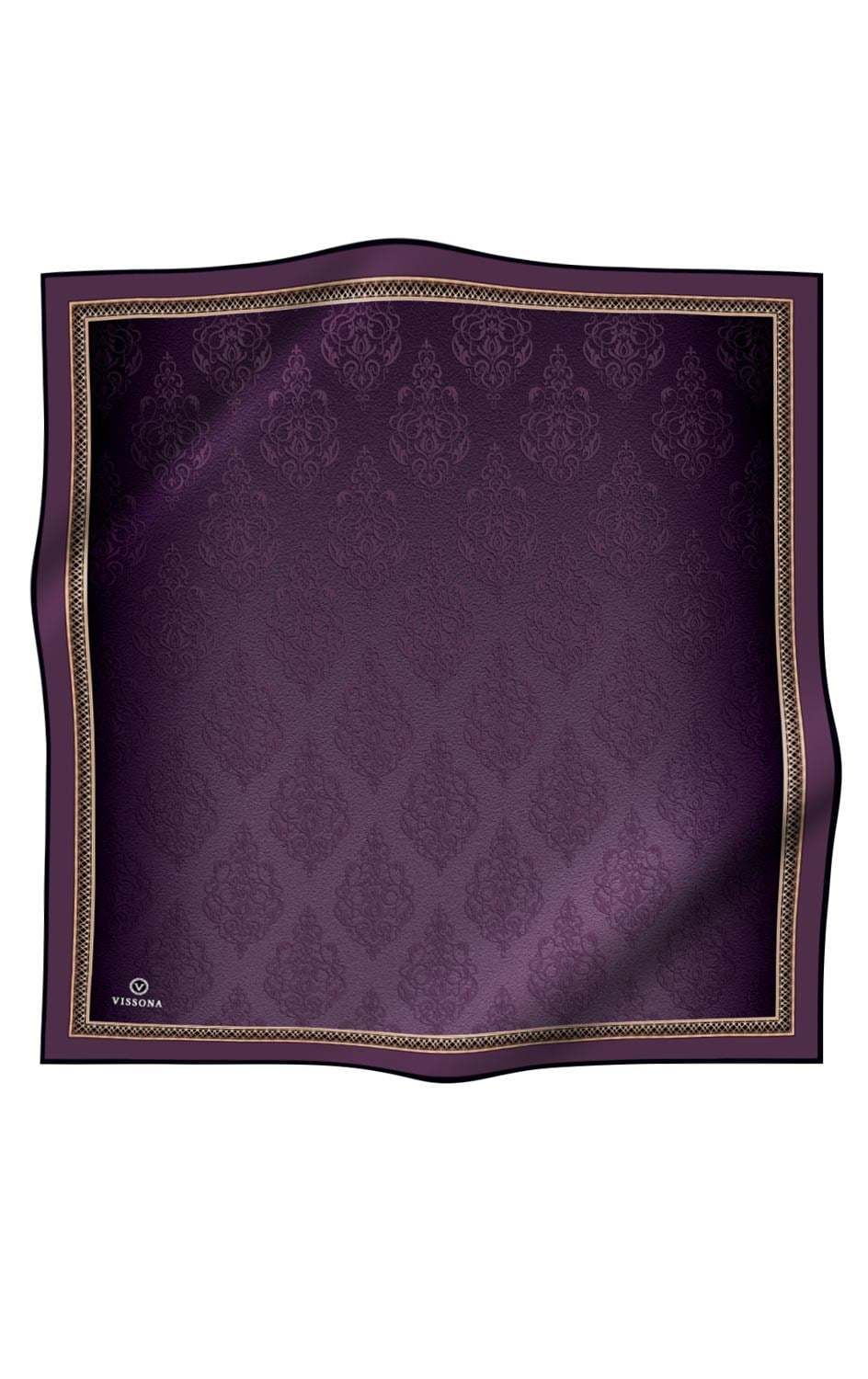 % 57 İPEK % 43 VİSKON Twill Barok Desenli Mürdüm Renkli 90x90 Eşarp Dikim Şekli: El Dikişi