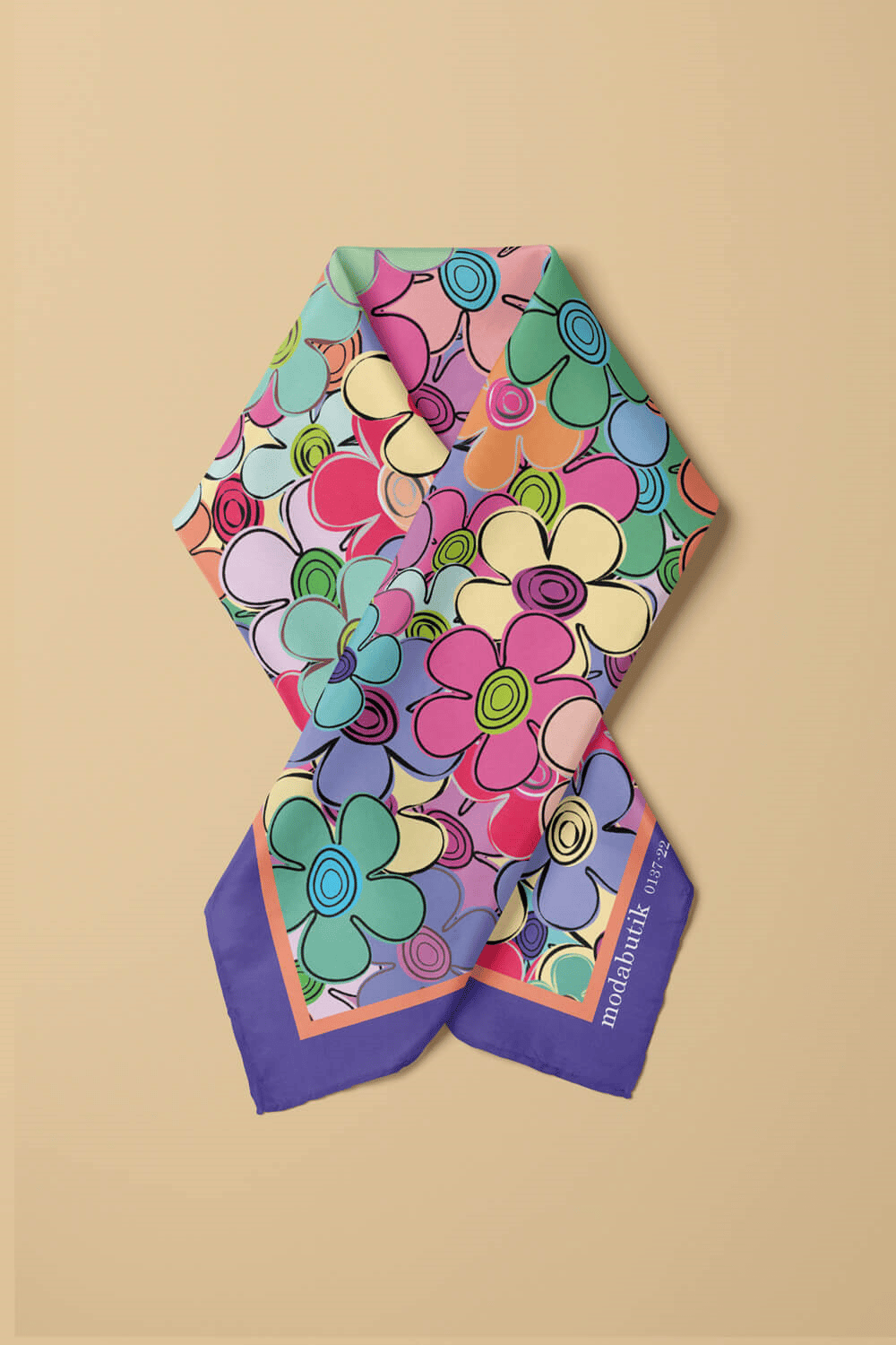 E15 Kadın Çiçek Desenli Bandana 50x50 Mor DG0137-22