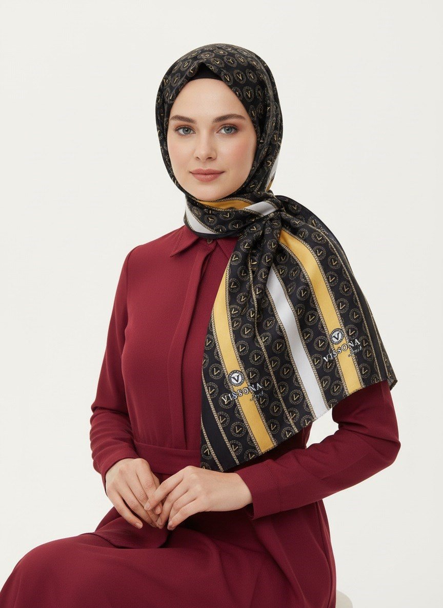 %100 Saf İpek Şal İnce Saten Vual Dokuma Monogram Desenli Siyah - Gold Renkli 90x210 Şal