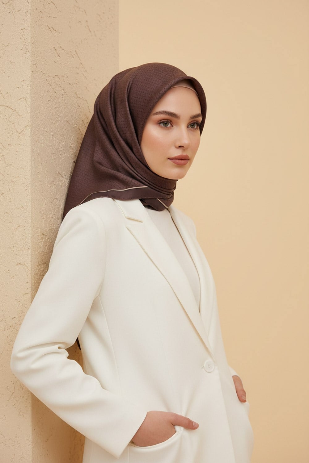 %100 Twill İpek Minik Motif Desenli Kahverengi Renkli 90x90 Eşarp Dikim Şekli : El Dikişi