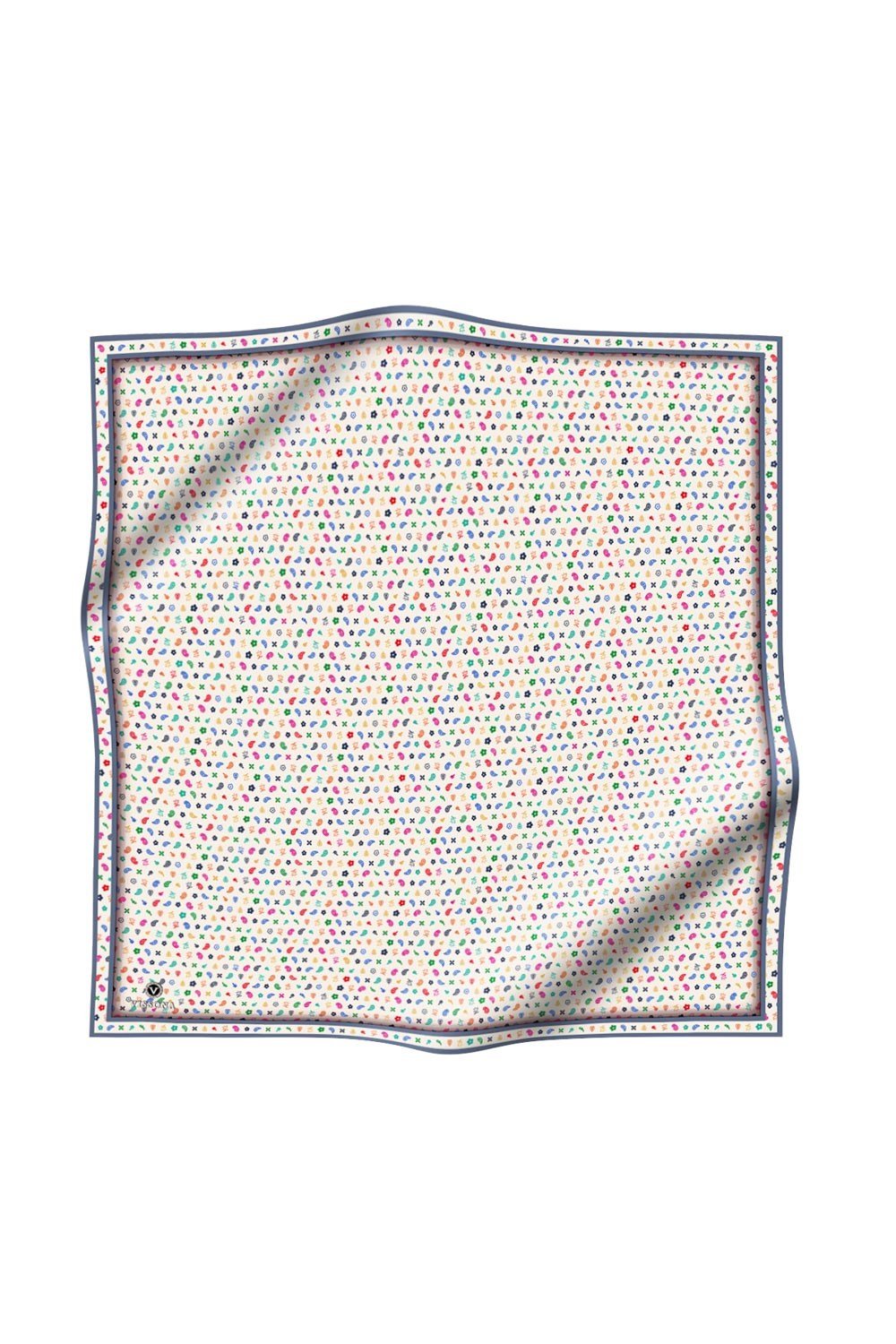 %100 Twill İpek Çıtır Desenli Krem - İndigo Renkli 90x90 Eşarp Dikim Şekli : El Dikişi