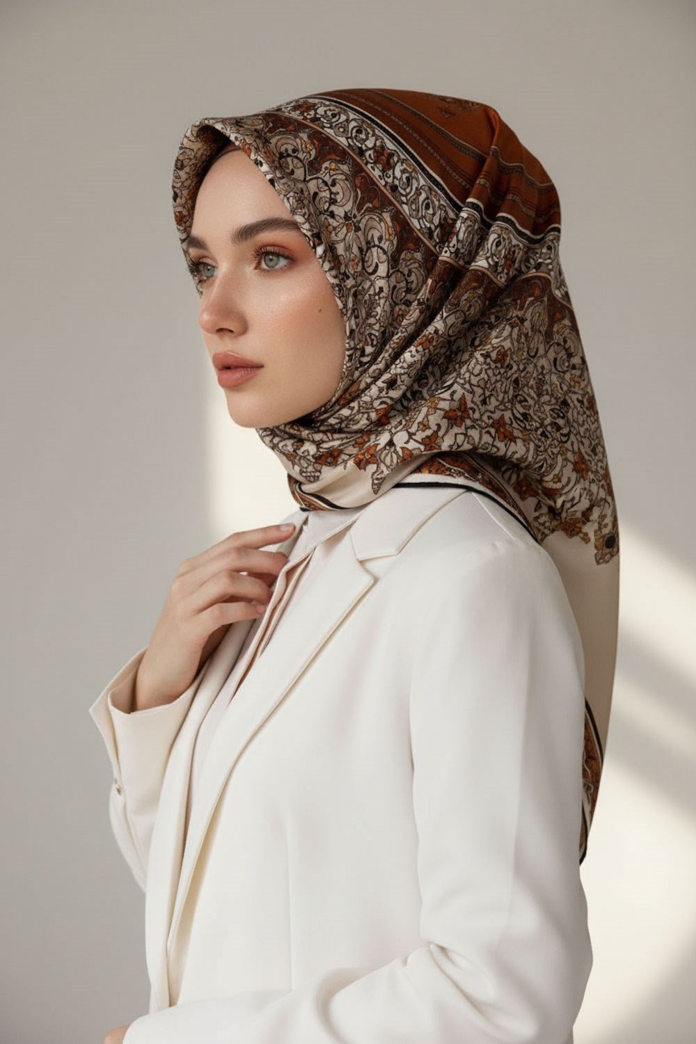 %100 Twill İpek Şal Desenli Taba Renkli 90x90 Eşarp Dikim Şekli : El Dikişi