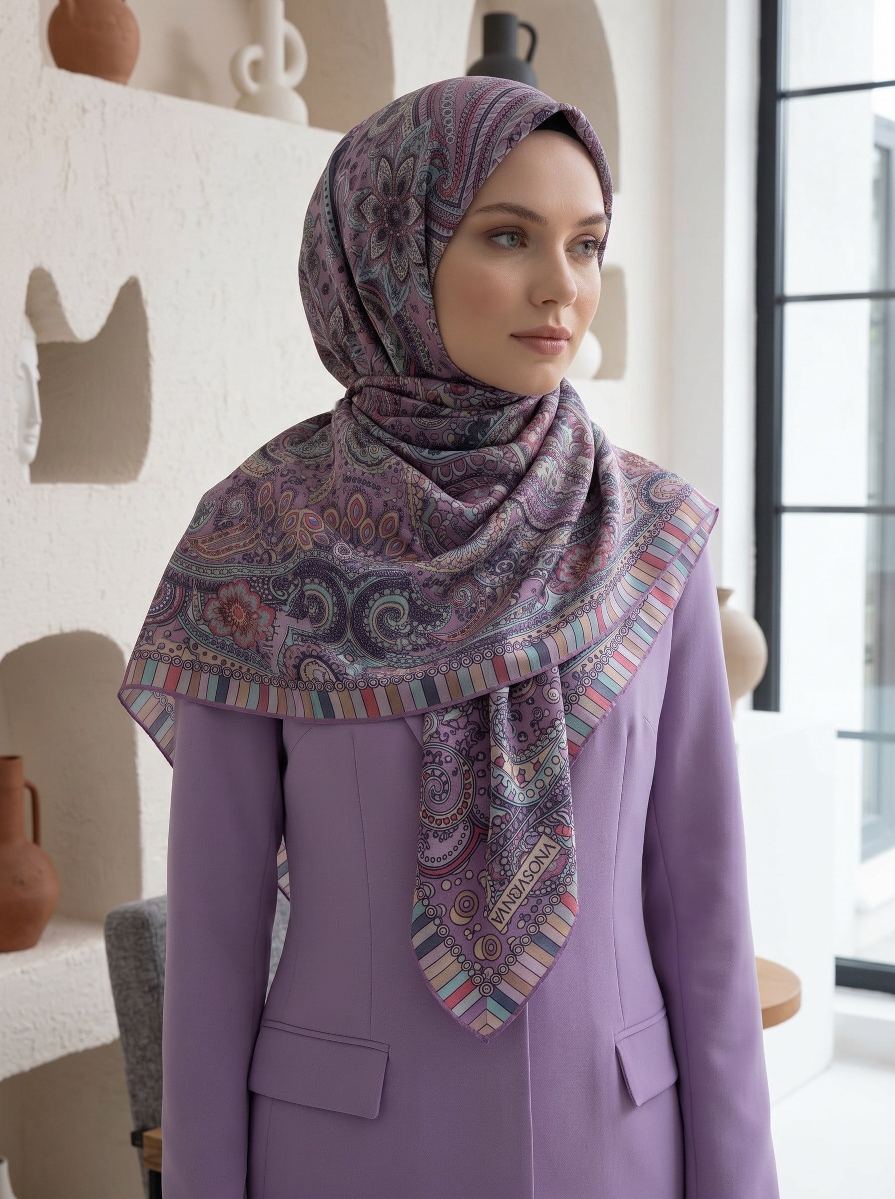 %100 Saf İpek Şal İnce Saten Vual Dokuma Etro Desenli Mürdüm Renkli 90x210 Şal