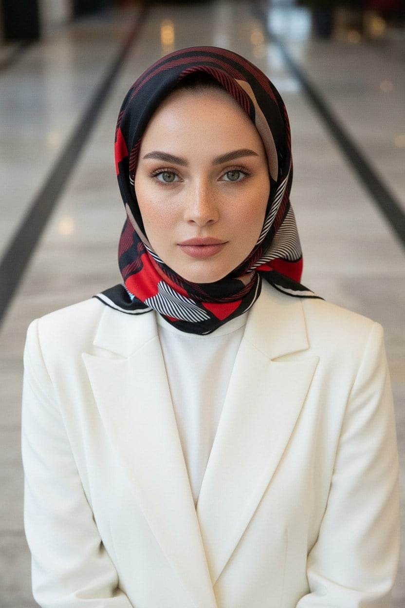 % 57 İPEK % 43 VİSKON Twill İpek Geometrik Desenli Bordo - Siyah Renkli 90x90 Eşarp Dikim Şekli : El Dikişi