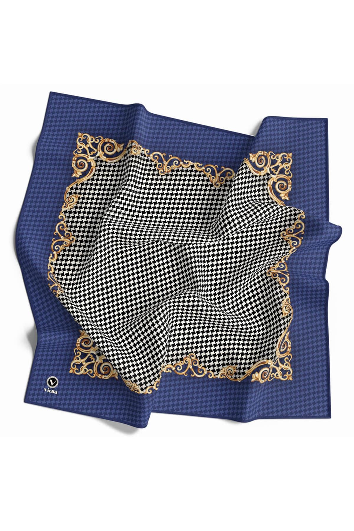 Soft Bordürlü Barok Çerçeveli Kazayağı Desenli İndigo Renkli 90x90 Eşarp (İpek İçermez) Kenar Dikiş Şekli El Dikişli
