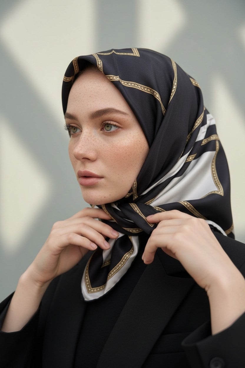 %100 Twill İpek Geometrik Desenli Siyah - Krem Renkli 90x90 Eşarp Dikim Şekli : El Dikişi