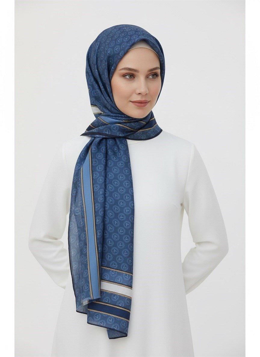 %100 İpek Monogram Desenli Bebe Mavisi - Lacivert Renkli 92x210 Şal