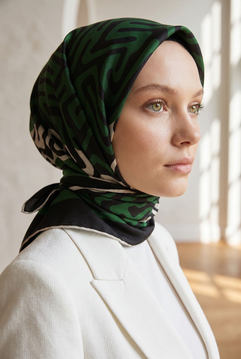 100% Twill İpek Bordürlü Dalga Desenli Siyah - Zümrüt Yeşili Renkli 90x90 Dikim Şekli : El Dikişi Eşarp