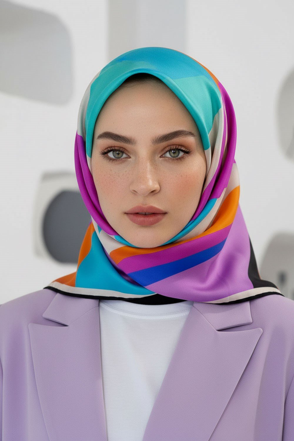 %100 Twill İpek Geometrik Desenli Fuşya - Turuncu Renkli 90x90 Eşarp Dikim Şekli : El Dikişi