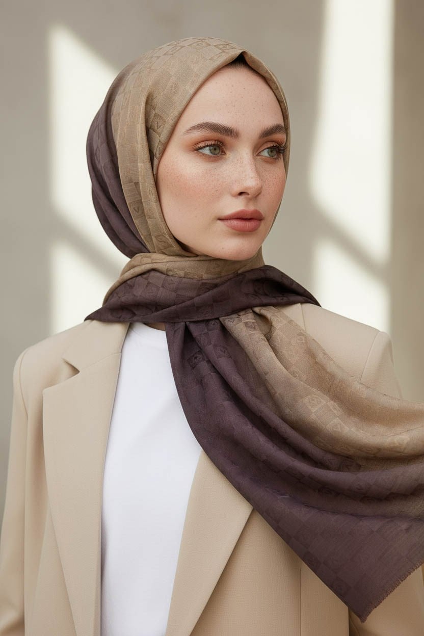 Vissona %57 İPEK %43 PAMUK Degrade Desenli Sütlü Kahverengi Renkli Şal -  70x190 Dikiş Tipi İtalyan Dikişli