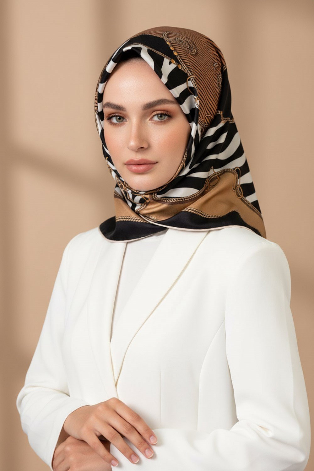 %100 Twill İpek Zincirli Ve Zebra Desenli Bej - Siyah Renkli 90x90 Eşarp Dikim Şekli : El Dikişi