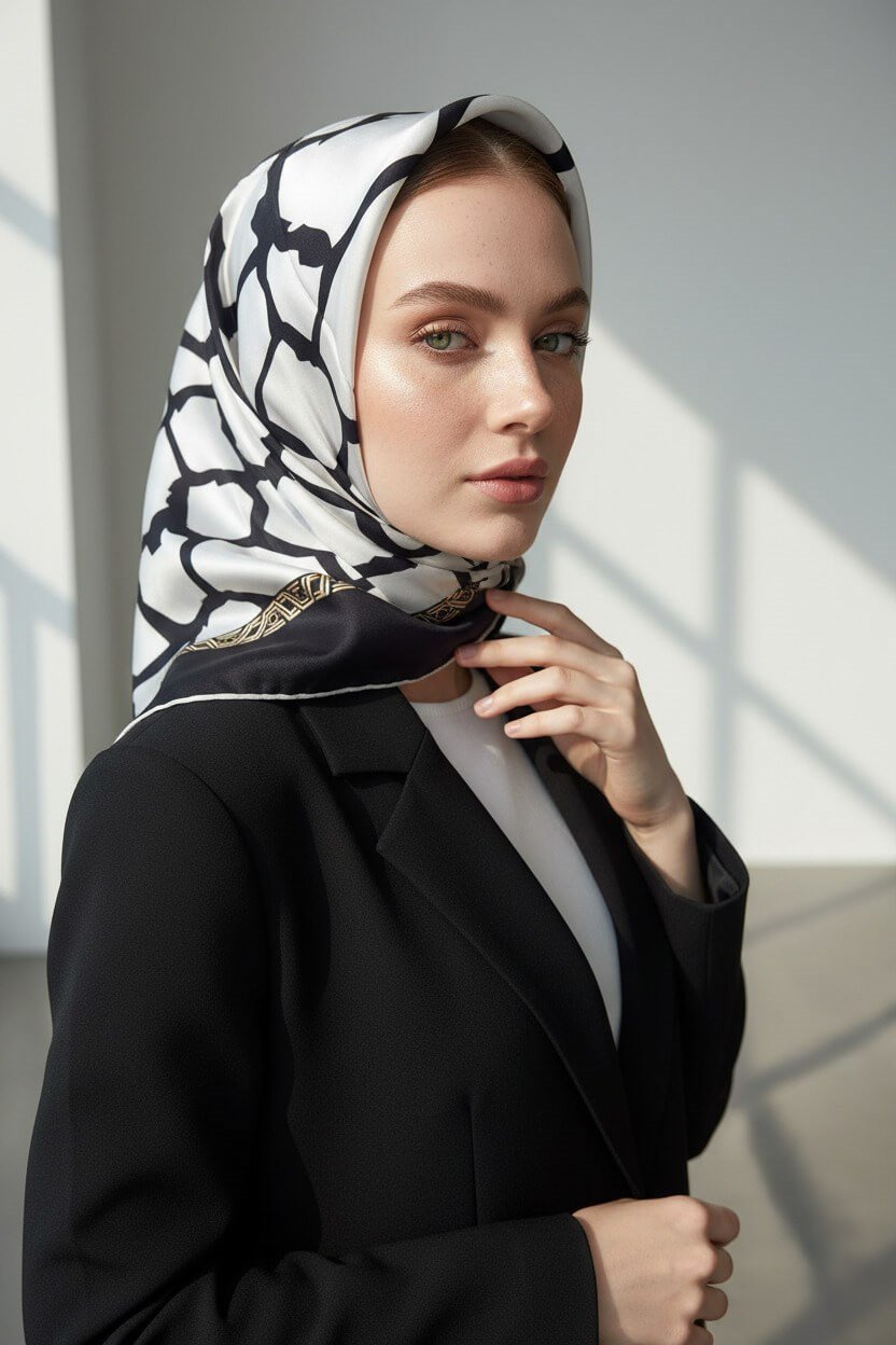 %100 Twill Taş Desenli Krem - Siyah Renkli 90x90 Eşarp Dikim Şekli: El Dikişi