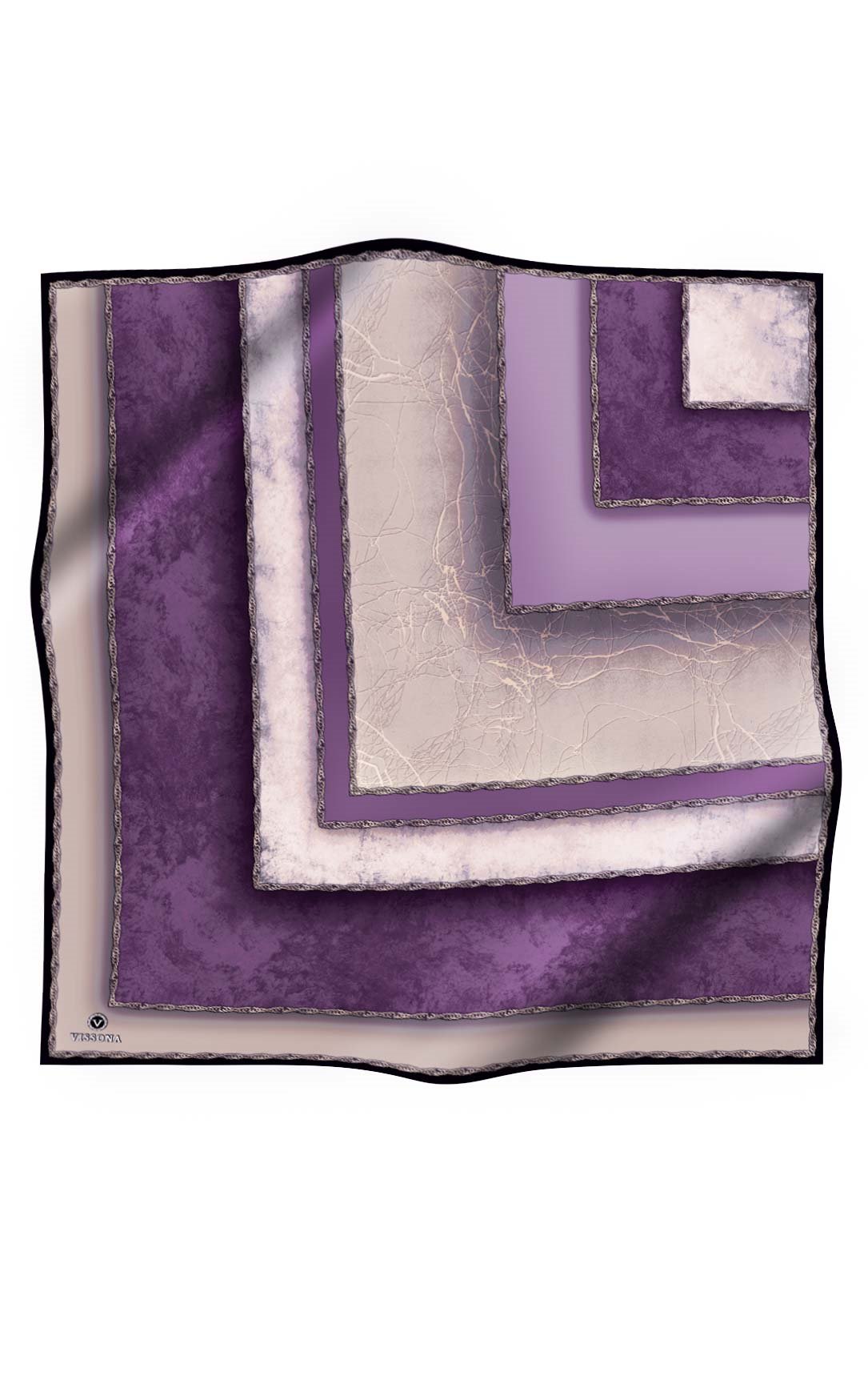 % 57 İPEK % 43 VİSKON Twill İpek Dokulu Geometrik Desenli Lila - Bej Renkli 90x90 Eşarp Dikim Şekli : El Dikişi