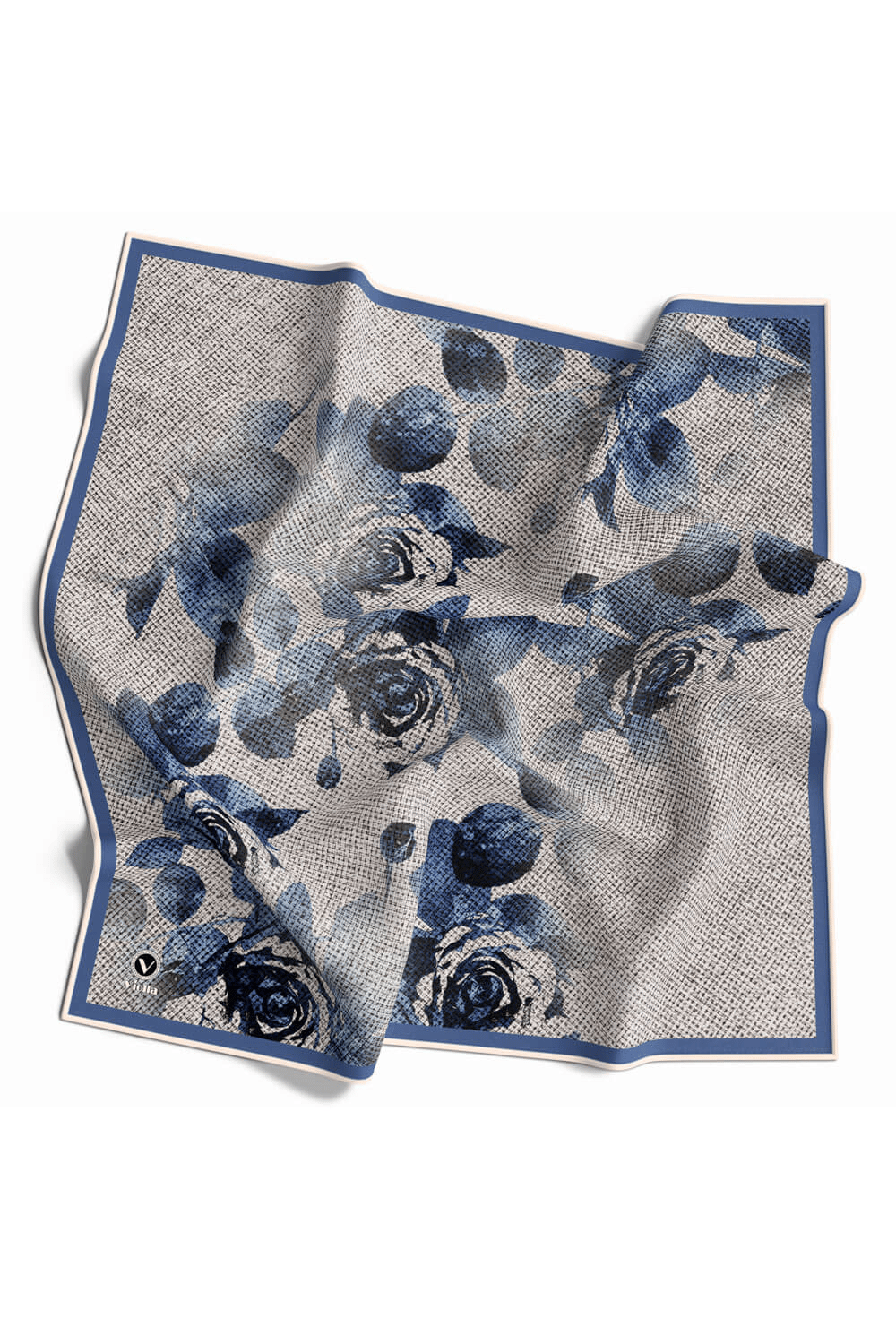 Twill Gül Desenli Bebe Mavisi Renkli 90x90 Eşarp (İpek İçermez) Kenar Dikiş Şekli El Dikişli
