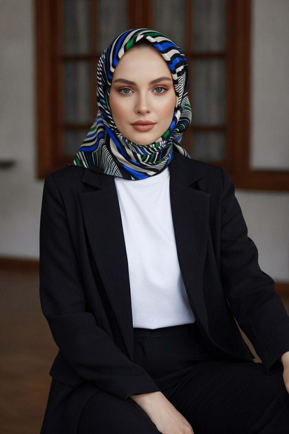 %100 Twill İpek Okyanus Dalgası Desenli Saks - Zümrüt Yeşili Renkli 90x90 Eşarp Kenar Dikiş Şekli El Dikişli