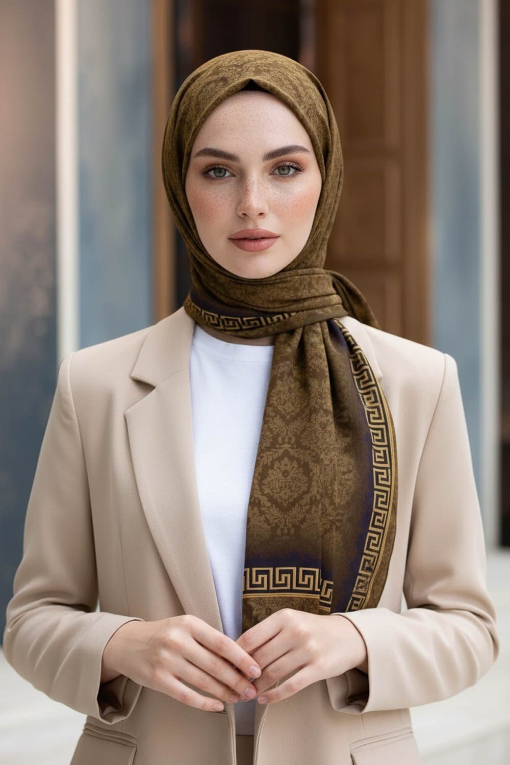 KREP GOLD DETAYLI BAROK DESENLİ KAHVERENGİ RENKLİ 75X195 KIRIŞMAZ ŞAL