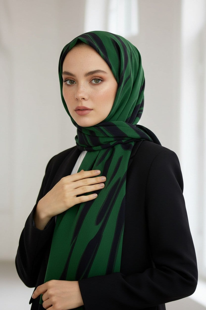 KREP GEOMETRİK DESENLİ ZÜMRÜT YEŞİLİ RENKLİ 75X195 KIRIŞMAZ ŞAL