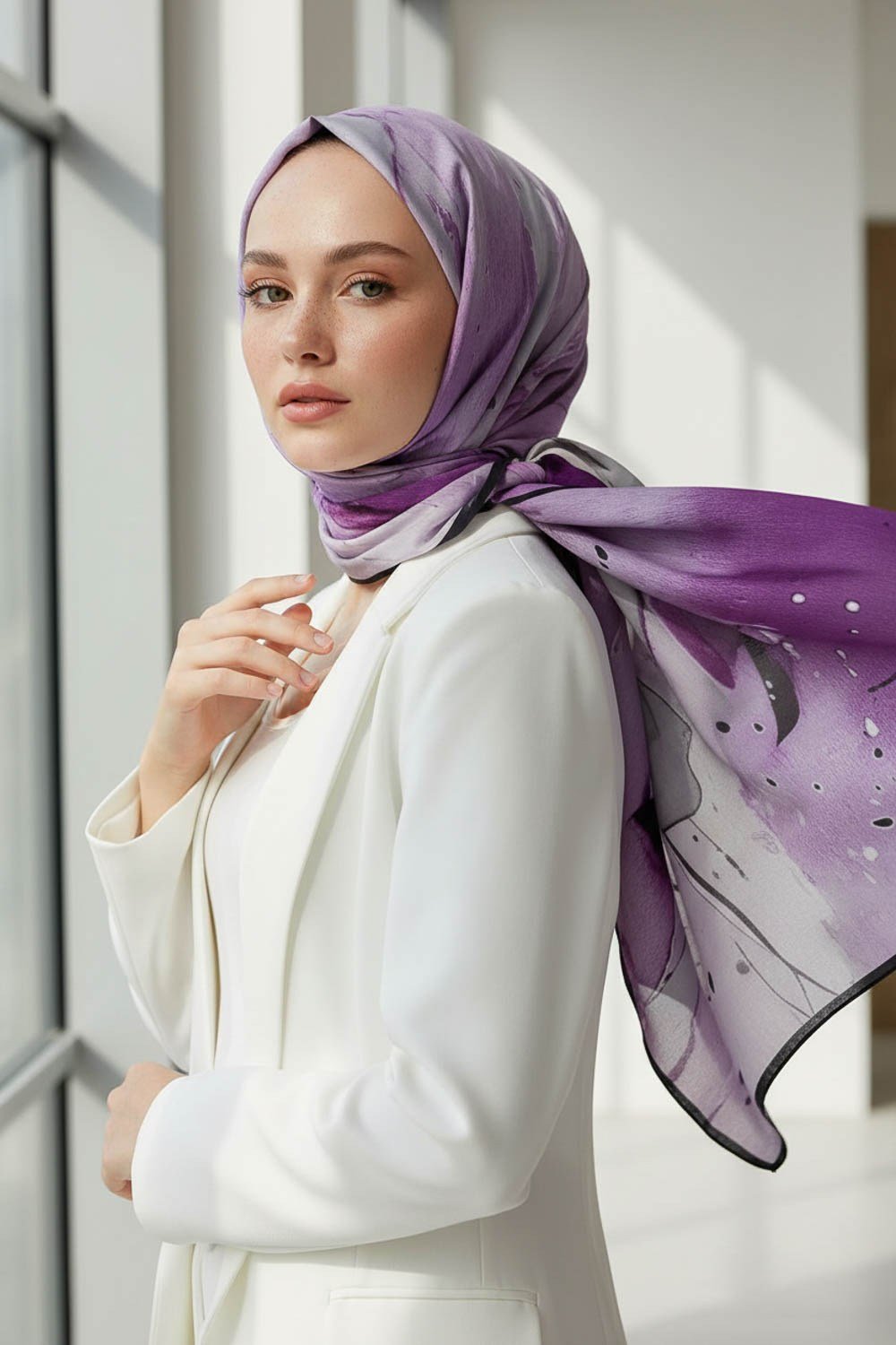 KREP BATİK DESENLİ GRİ - LİLA RENKLİ 75X195 KIRIŞMAZ ŞAL