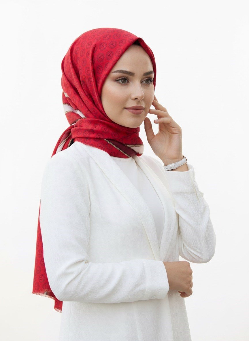 %100 Saf İpek Şal İnce Saten Vual Dokuma Monogram Desenli Kırmızı - Siyah Renkli 90x210 Şal
