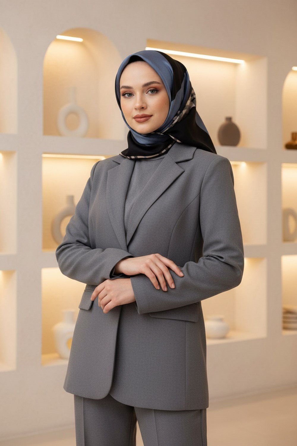 %100 Twill İpek Eşarp 90x90 İndigo Siyah Ekose Desenli El Dikişli Kadın Eşarp