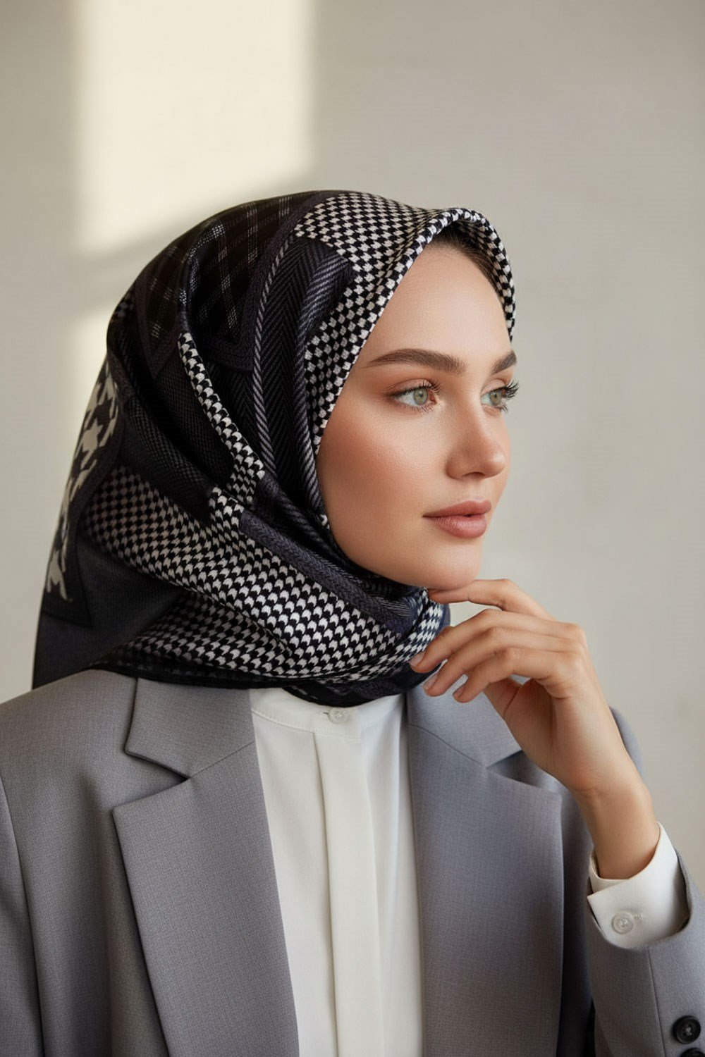 %100 Twill İpek Kazakayaklı Ve Ekose Desenli Siyah - Gri Renkli 90x90 Eşarp Dikim Şekli : El Dikişi