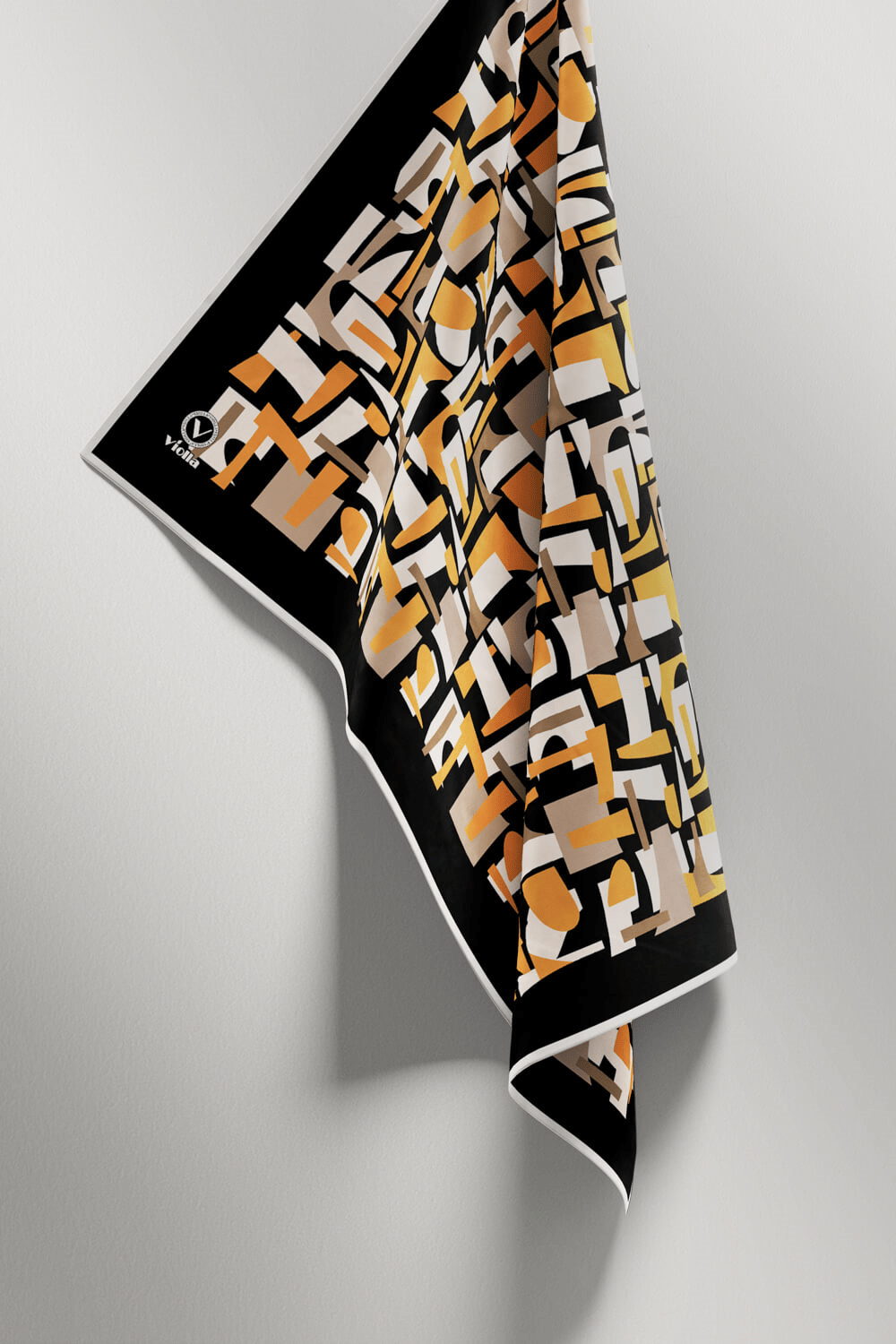 Twill Geometrik Desenli Hardal - Bej Renkli 90x90 Eşarp (İpek İçermez) Dikim Şekli : El Dikişi