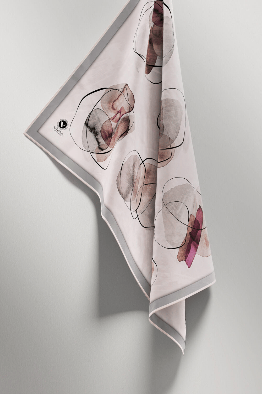 Twill Sulu Boya Geometrik Desenli Gri Renkli 90x90 Eşarp (İpek İçermez) Kenar Dikiş Şekli El Dikişli