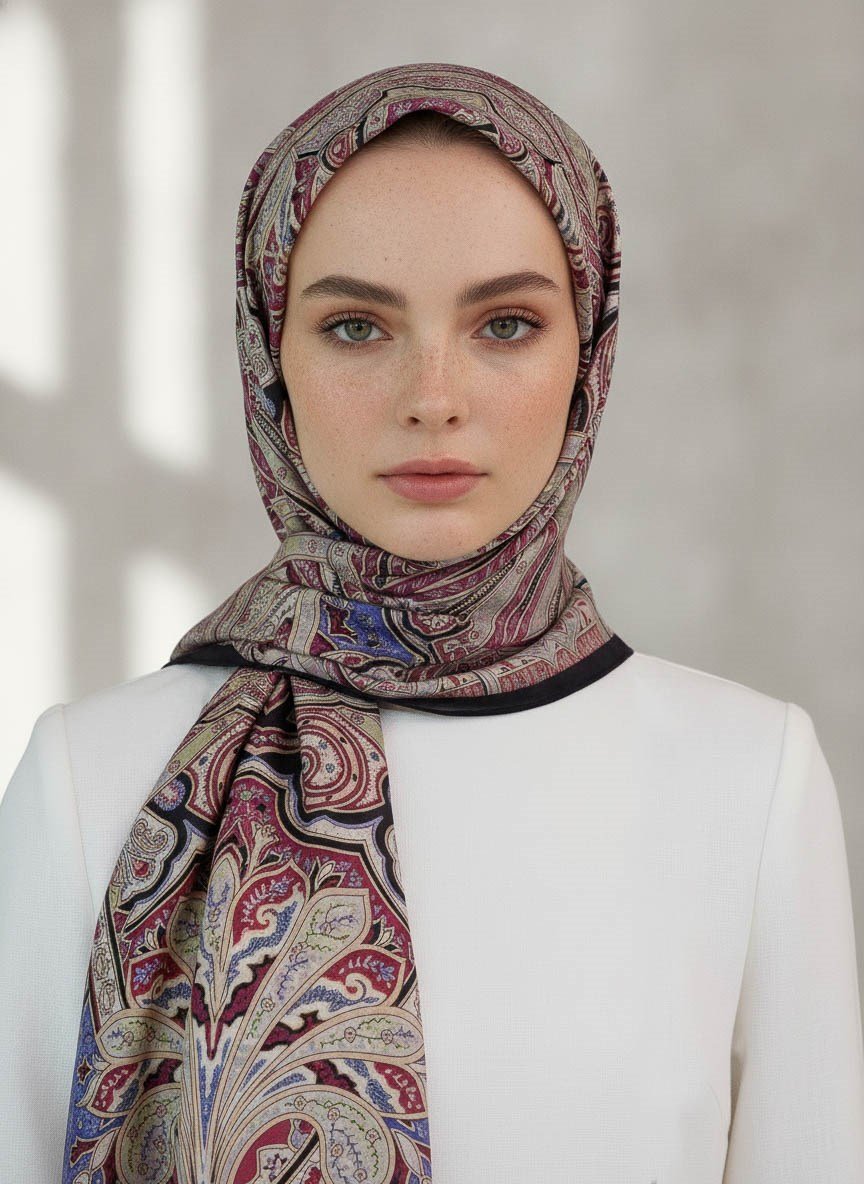 %100 Saf İpek Şal İnce Saten Vual Dokuma Etnik Desenli Siyah Renkli 90x210 Şal