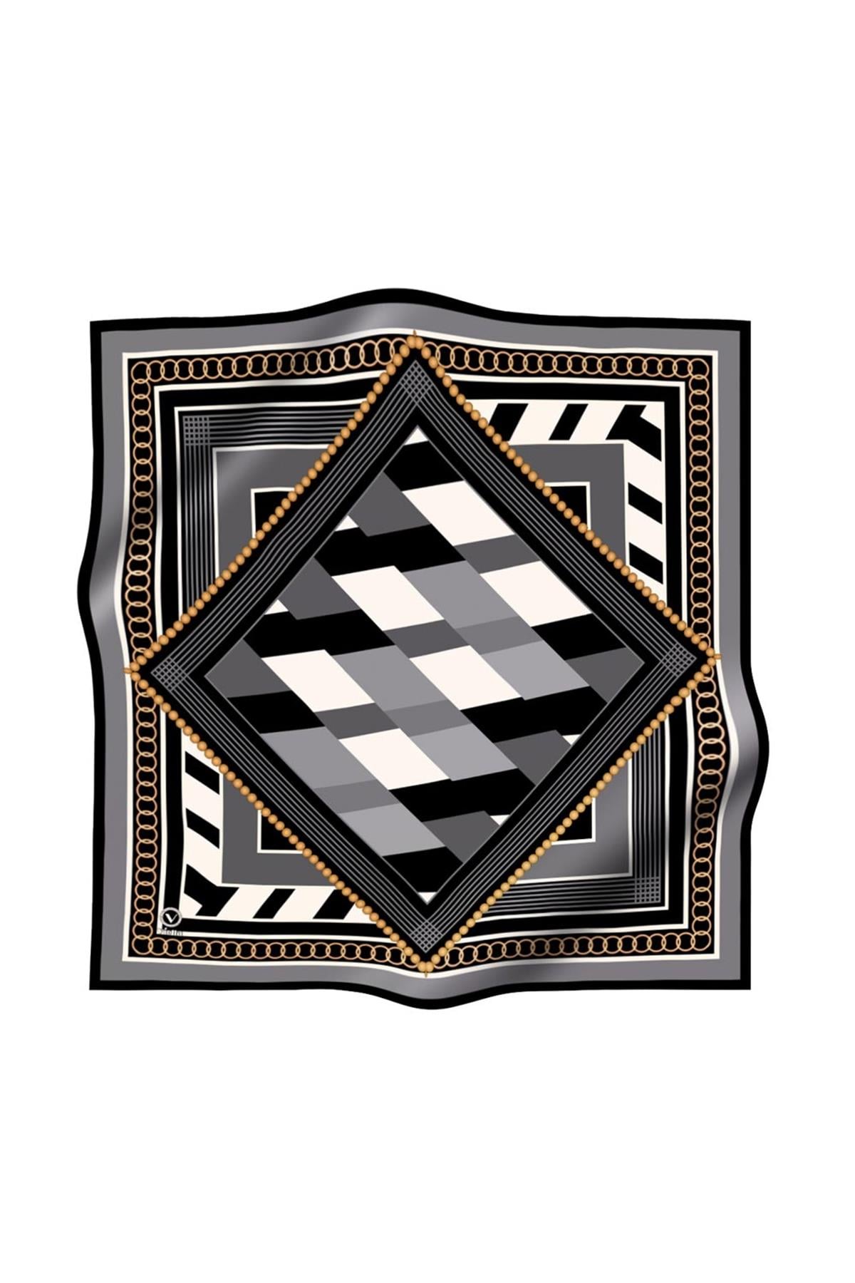 Soft Geometrik Desenli Gri Renkli 90x90 Eşarp (İpek İçermez) Kenar Dikiş Şekli El Dikişli